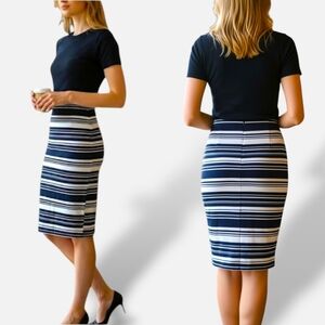 🚢Navy Blue & White Elastic Waist Textured Midi Skirt by Brat Star